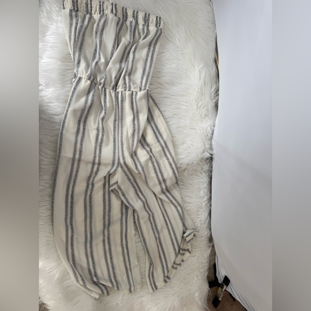 Love Culture strapless white w grey stripe jumpsuit with tie